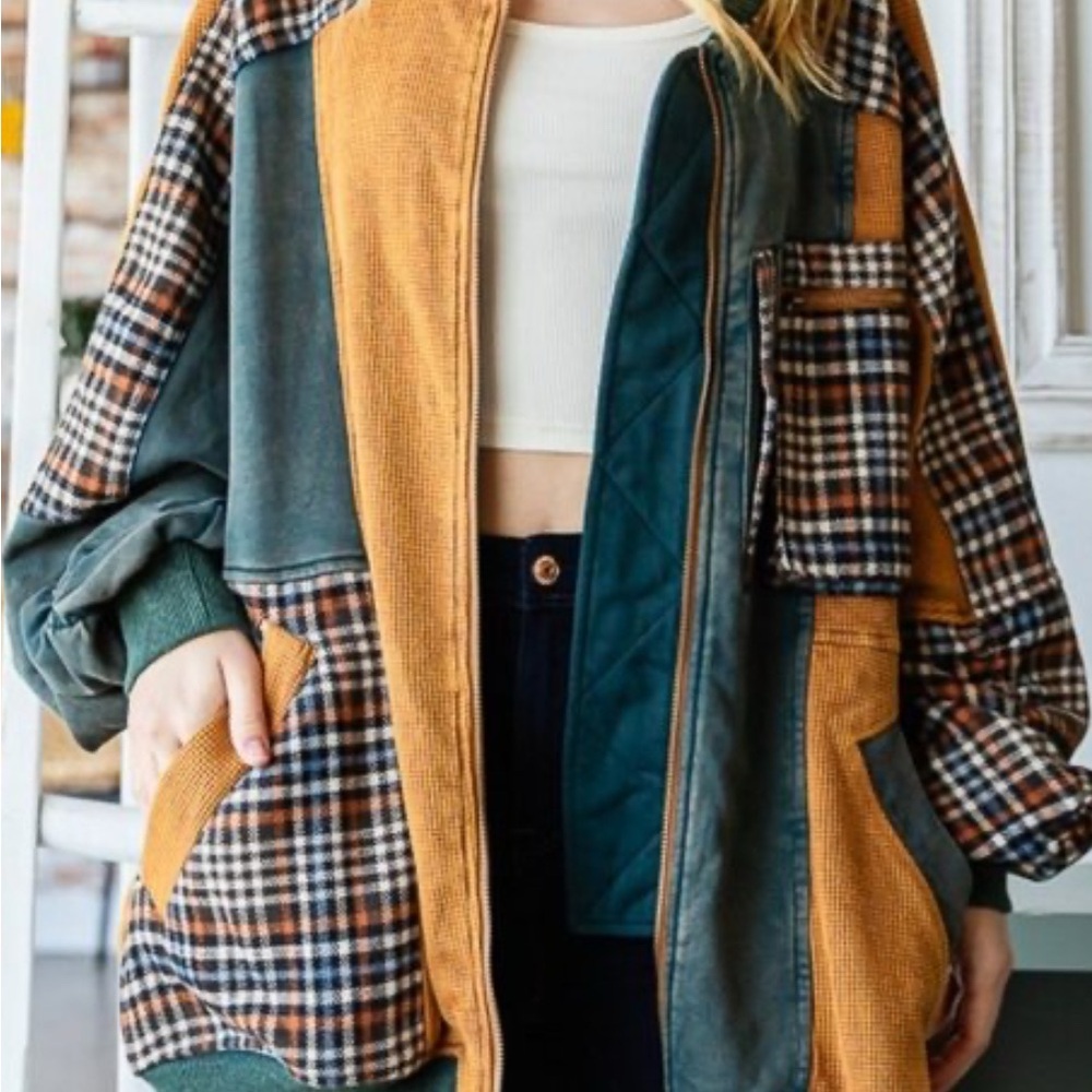 Olí & Hali XL BNWOT Plaid Patchwork Jacket with Green   and Orange Accents